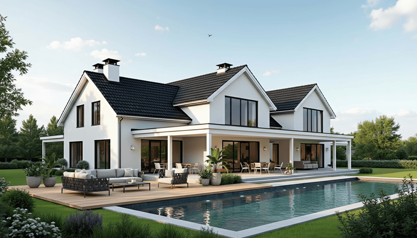 Villa efter AI-renovering med pool och terrass